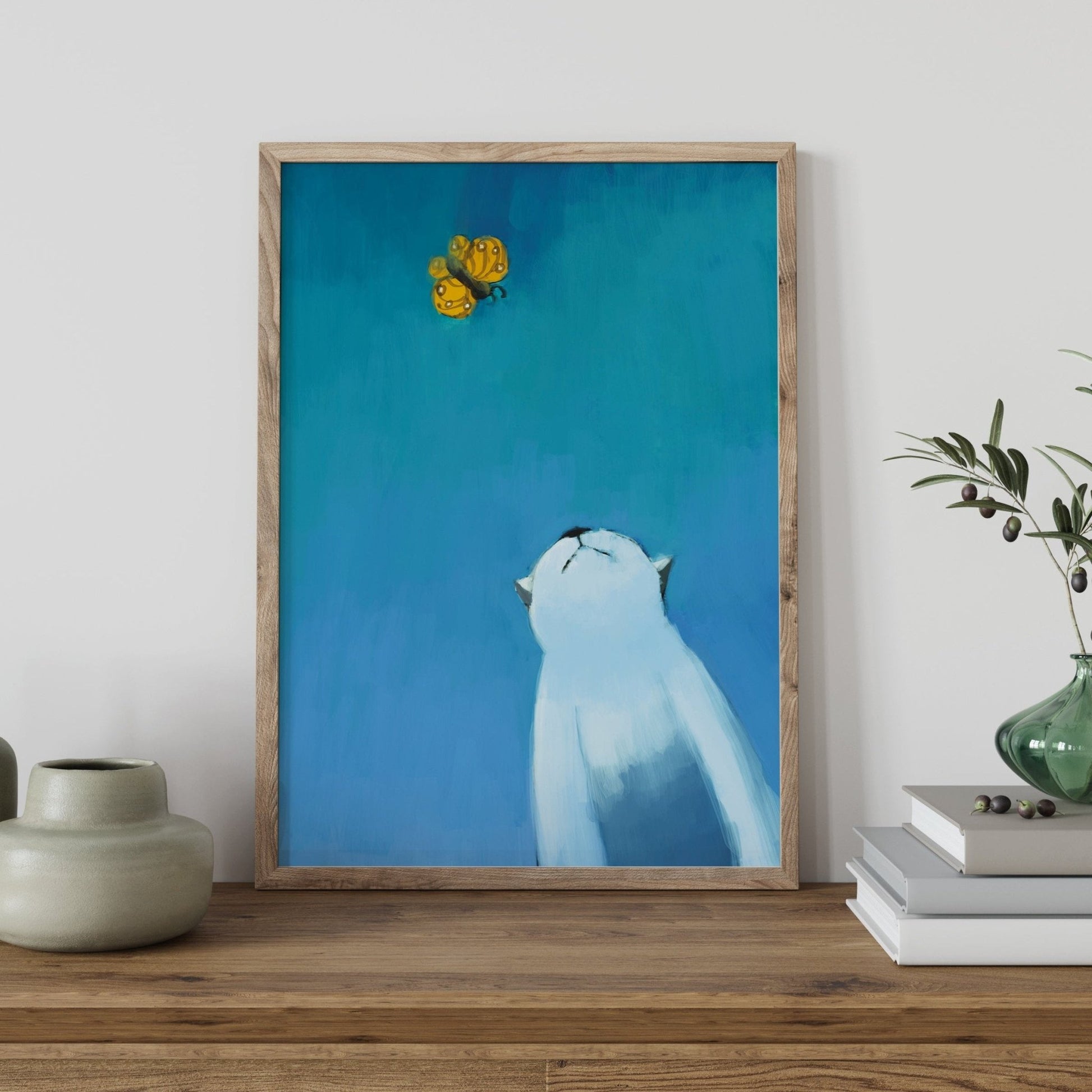 蝶を見つめる猫の絵画風ポスター - Ink Jp