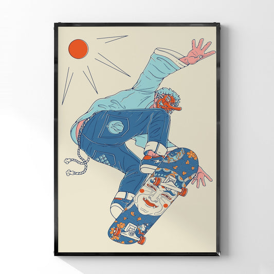 ポップアートイラストポスター「スケートボードを持った都市のスケートボーダー」 - Ink Jp