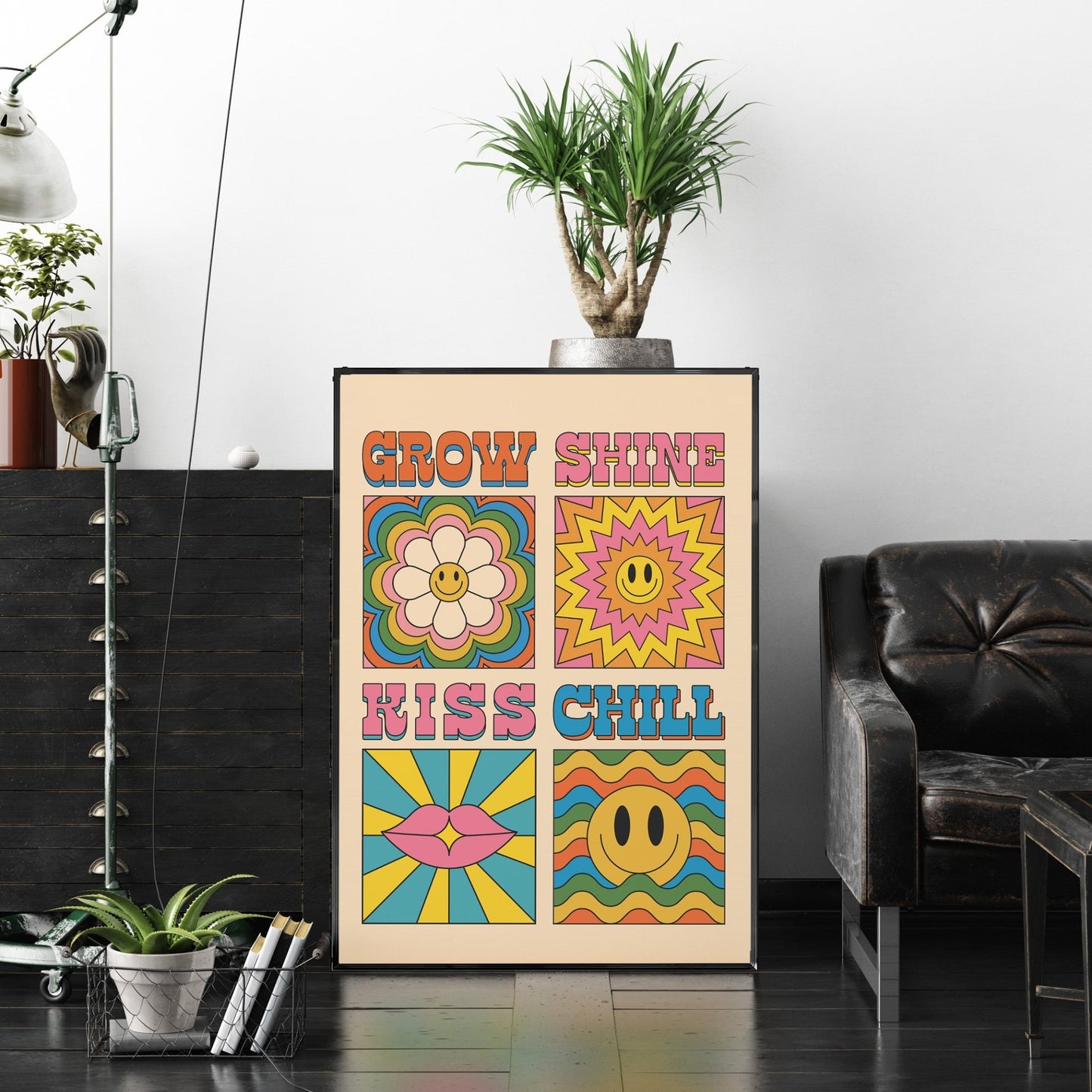 「Grow / Shine / Kiss / Chill」レトログラフィックアートポスター - Ink Jp