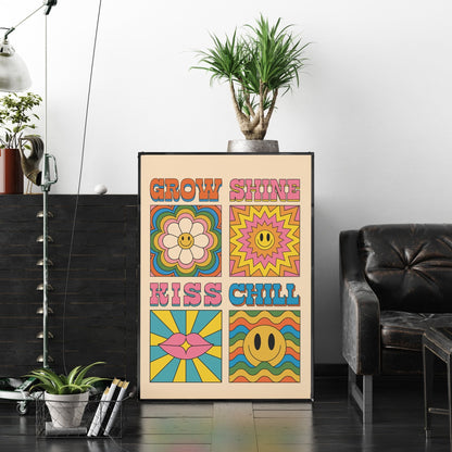 「Grow / Shine / Kiss / Chill」レトログラフィックアートポスター - Ink Jp