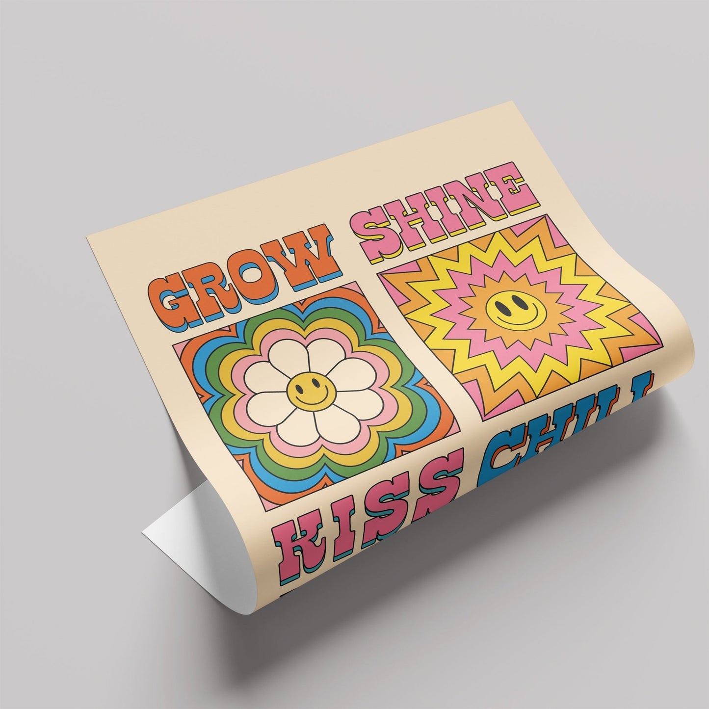 「Grow / Shine / Kiss / Chill」レトログラフィックアートポスター - Ink Jp