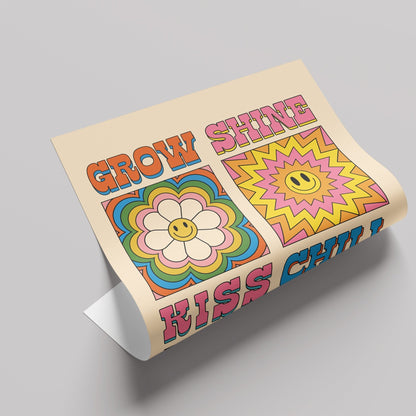 「Grow / Shine / Kiss / Chill」レトログラフィックアートポスター - Ink Jp