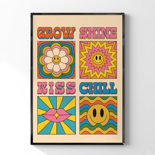 「Grow / Shine / Kiss / Chill」レトログラフィックアートポスター - Ink Jp