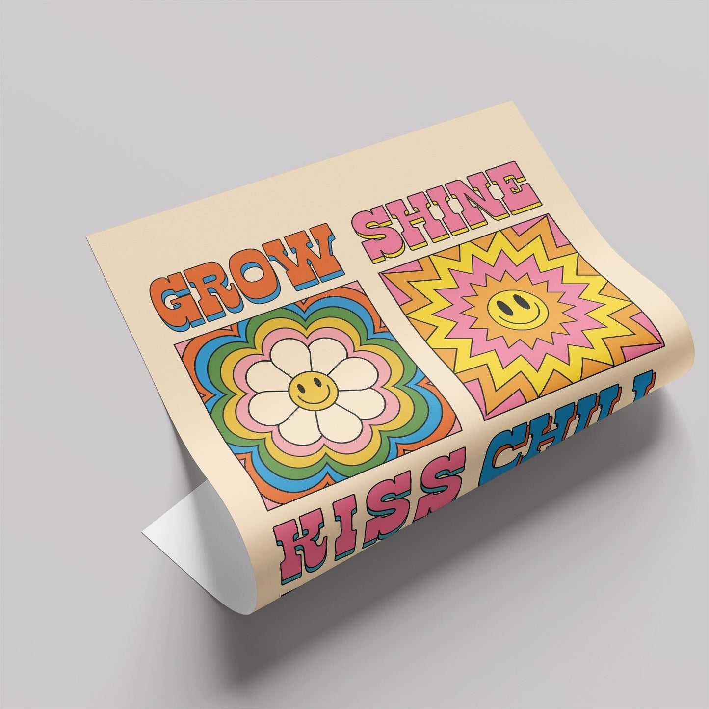 「Grow / Shine / Kiss / Chill」レトログラフィックアートポスター - Ink Jp