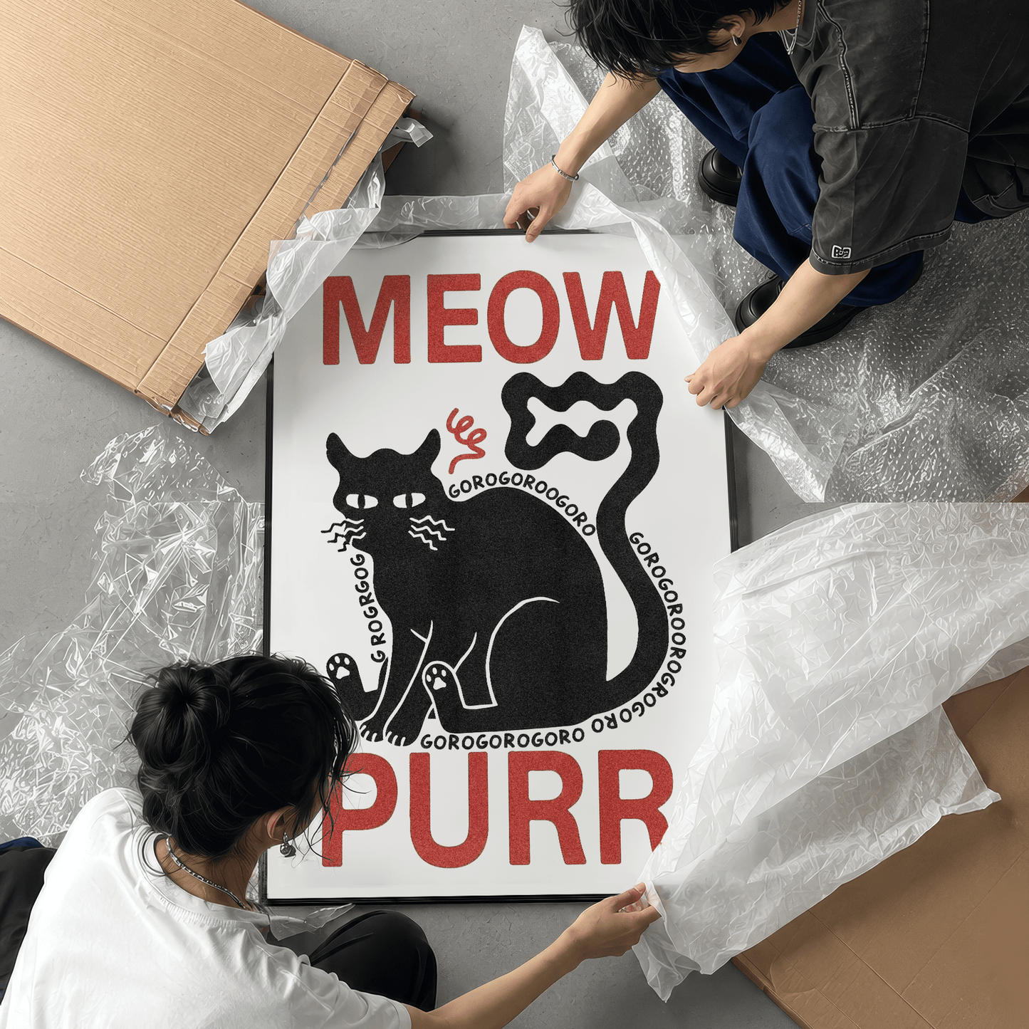 「Meow, Purr」グラフィックアート猫ポスター - Ink Jp