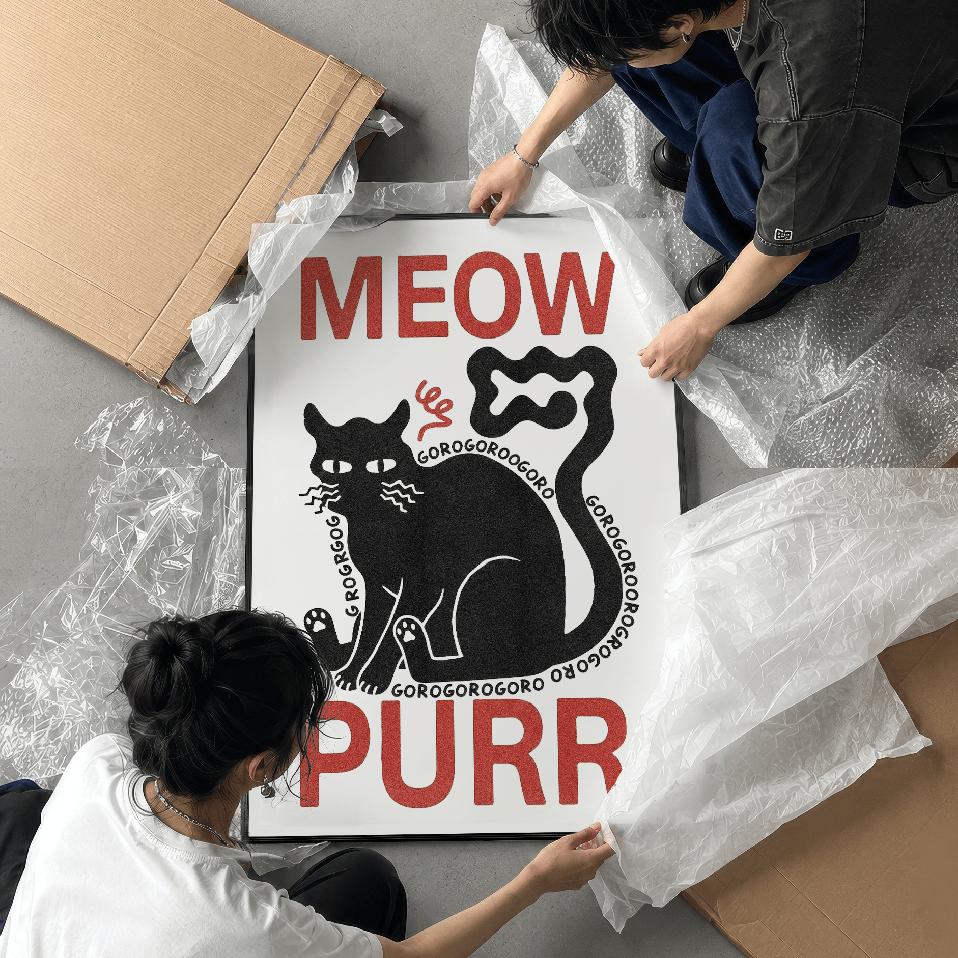 「Meow, Purr」グラフィックアート猫ポスター - Ink Jp