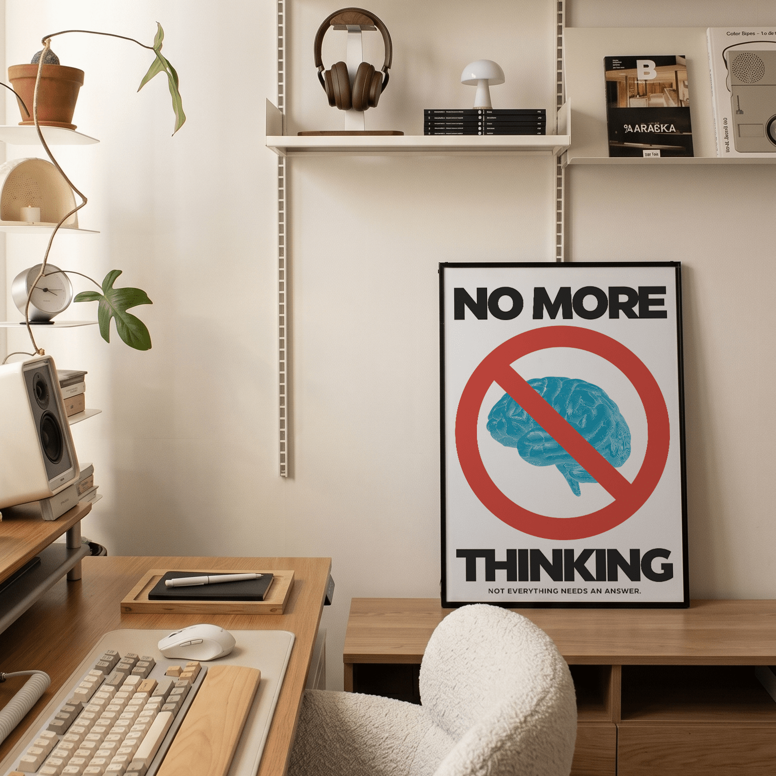 「No More Thinking」グラフィックポスター ホワイト - Ink Jp