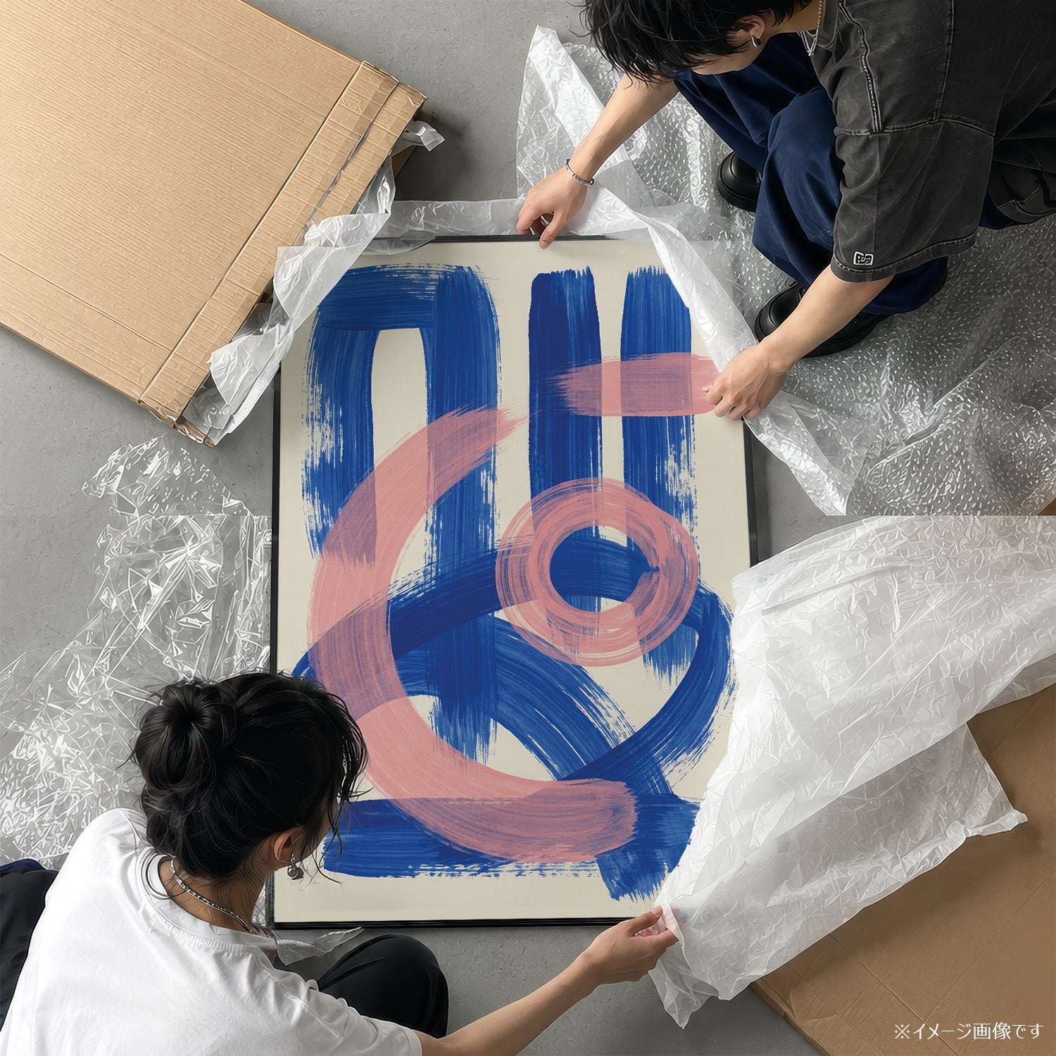 「青とピンクの筆触」アブストラクトアートポスター - Ink Jp